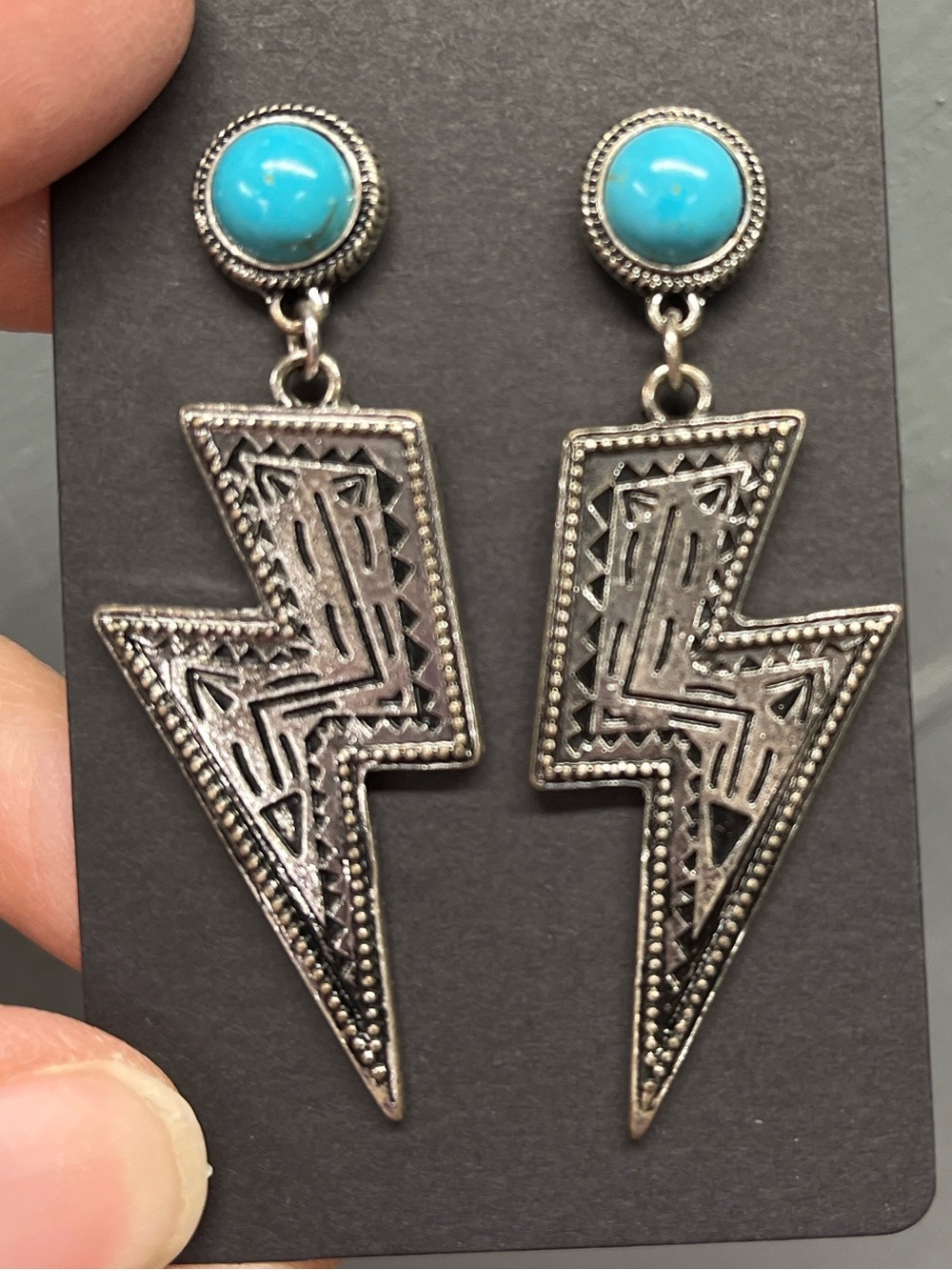 Turquoise and Silver Lightning Bolt Drop Post Earrings